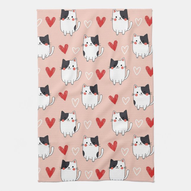 Linge De Cuisine Chat Kawaii & Motif de la Saint-Valentin Cœurs (1) (Vertical)