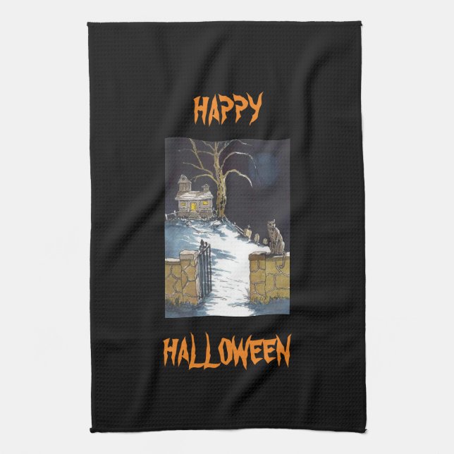 Linge De Cuisine Chat Maison Haunted Halloween mignon effrayant (Vertical)