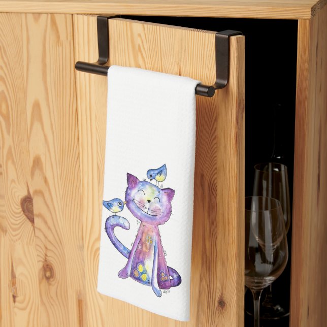 Linge De Cuisine Chat mignon blanc violet avec oiseaux (Pliage en tiers)