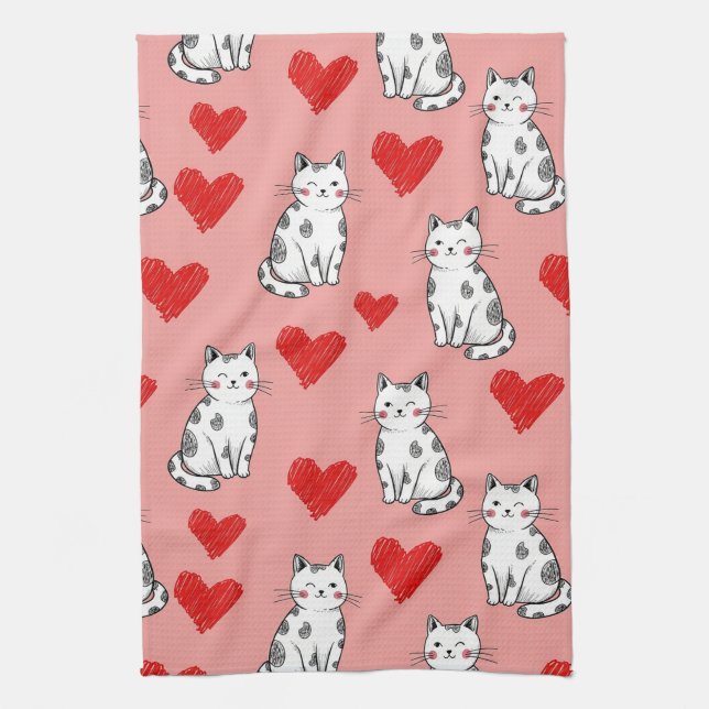 Linge De Cuisine Chat mignon & Motif de la Saint-Valentin à coeurs  (Vertical)
