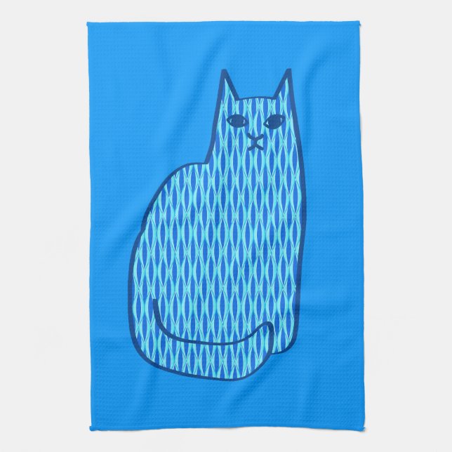 Linge De Cuisine Chat moderne du milieu du siècle, Cobalt et Bleu c (Vertical)