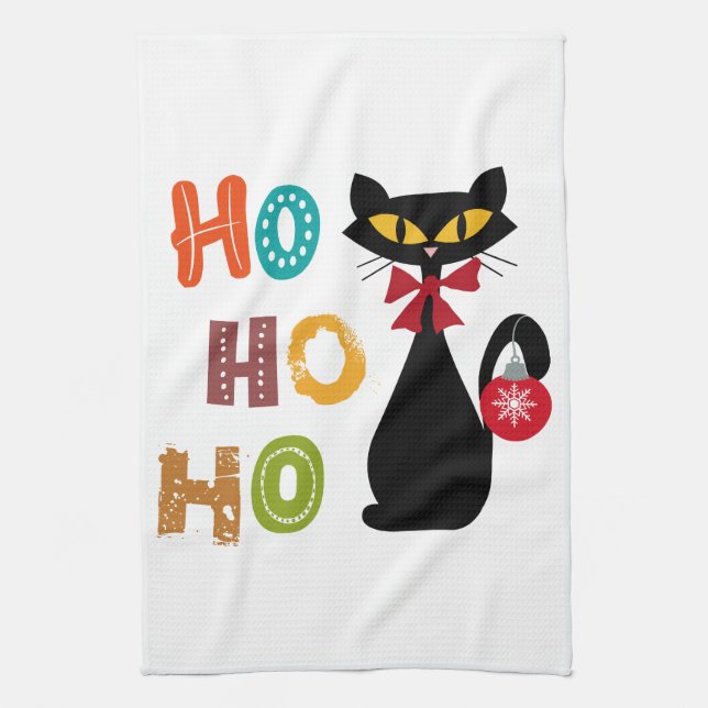 Linge De Cuisine Chat noir avec design de texte Ho Ho Ho (Vertical)