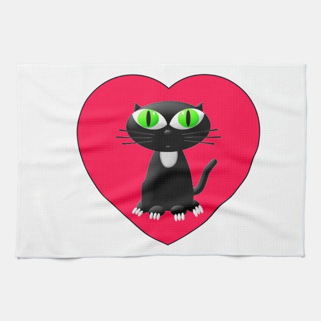 Linge De Cuisine Chat noir dans le coeur rouge (Horizontal)