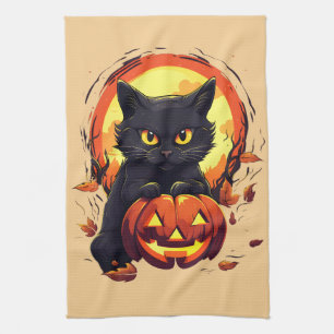 Linge De Cuisine Chat noir d'Halloween, Feuilles d'automne,
