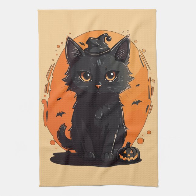 Linge De Cuisine Chat noir d'Halloween, Lanterne O' de Jack noir (Vertical)