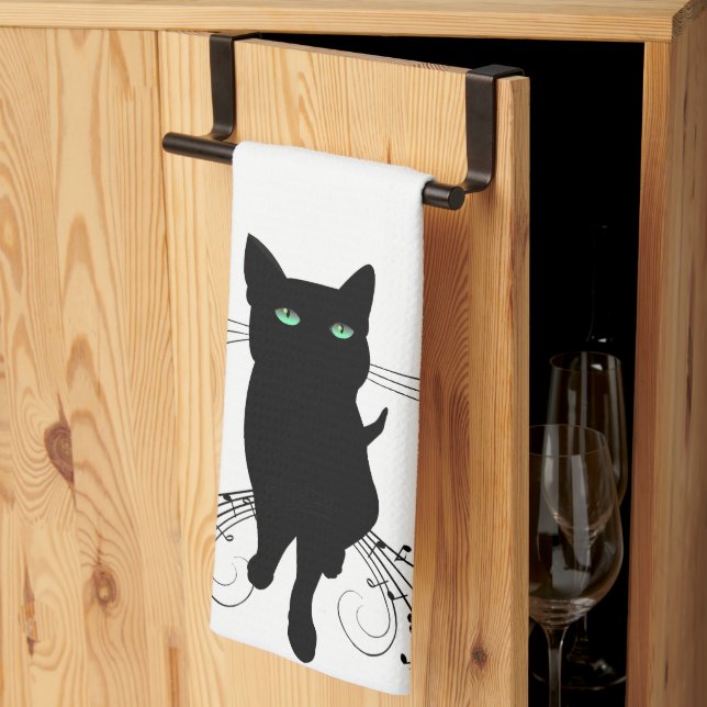 Linge De Cuisine Chat noir entouré de notes de musique murmurantes (Pliage en tiers)
