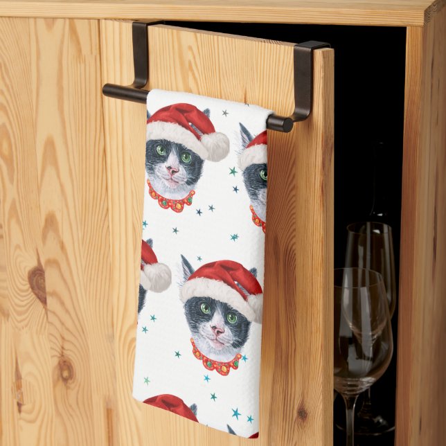 Linge De Cuisine Chat noir et blanc à l'aquarelle de Noël (Pliage en tiers)