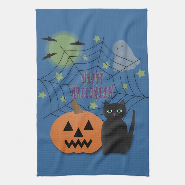 Linge De Cuisine Chat noir et Citrouille pas effrayant Halloween (Vertical)