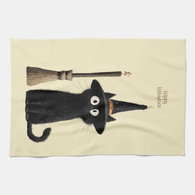 Linge De Cuisine Chat noir fantaisiste Joyeux Halloween (Horizontal)