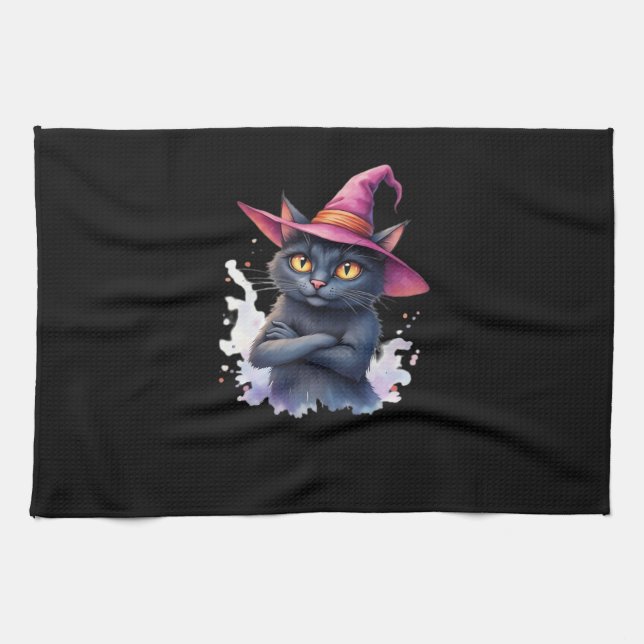 Linge De Cuisine Chat noir mignon en sorcier Casquette - Halloween  (Horizontal)