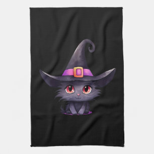 Linge De Cuisine Chat noir mignon portant un Casquette de sorcière