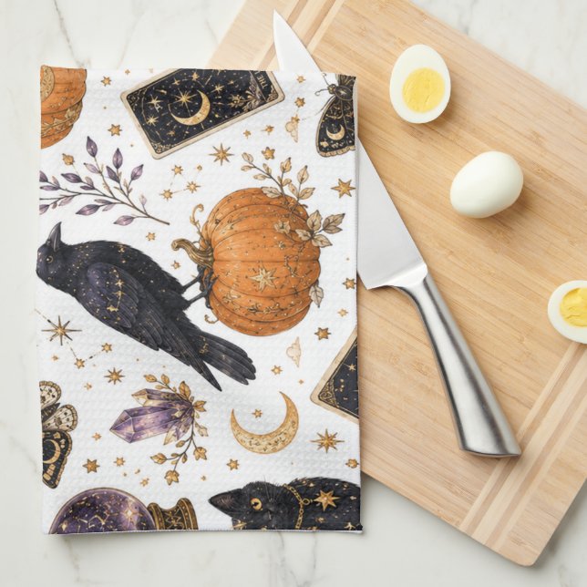 Linge De Cuisine Chat noir mystique Halloween Tarot céleste  (Quart Plié)