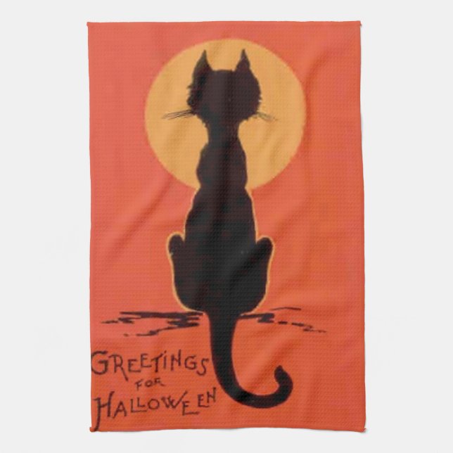 Linge De Cuisine Chat Noir Pleine Lune Jaune Orange (Vertical)