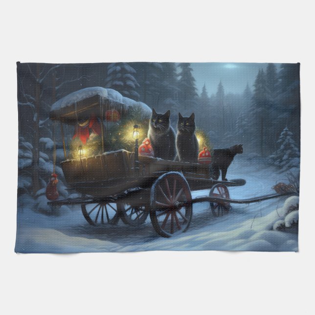 Linge De Cuisine Chat noir Snowy Sleigh Ride Décor de Noël (Horizontal)