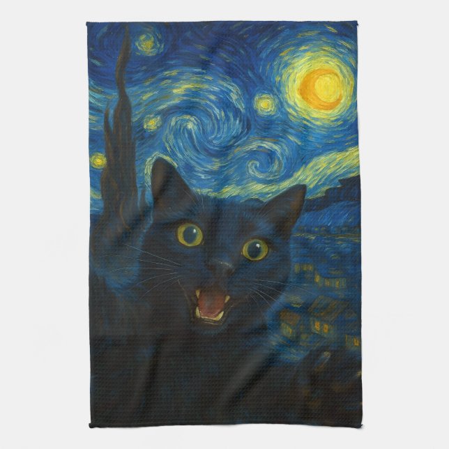 Linge De Cuisine Chat noir Starry Nuit Van Gogh Chat Selfie (Vertical)