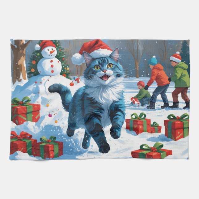 Linge De Cuisine Chat Oriental Bleu Assis Dans Un Chapeau De Noël D (Horizontal)