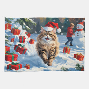 Linge De Cuisine Chat Persan Assis dans la Neige avec un Chapeau de