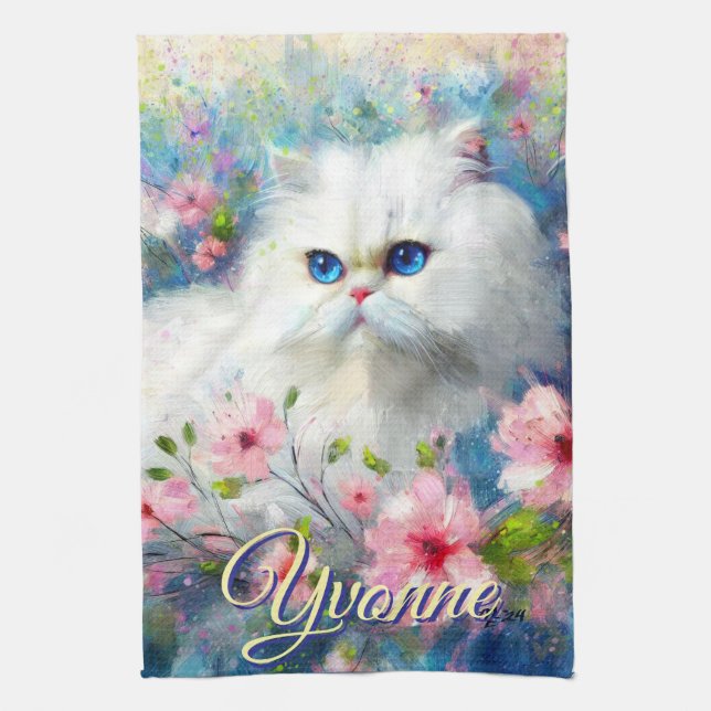 Linge De Cuisine Chat Persan Yeux Bleus dans des Fleurs Roses Perso (Vertical)