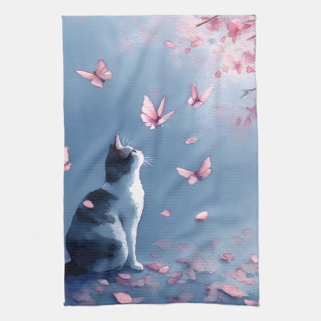 Linge De Cuisine Chat Sakura et Papillons (4) (Vertical)