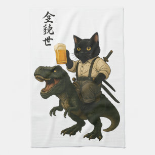 Linge De Cuisine Chat Samouraï avec Bière & T-Rex Art Japonais Ré