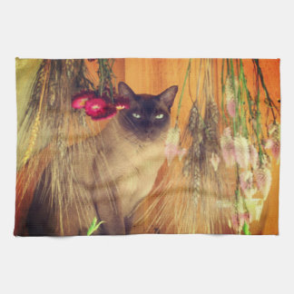 Linge De Cuisine Chat Siamois Posé Avec Fleurs
