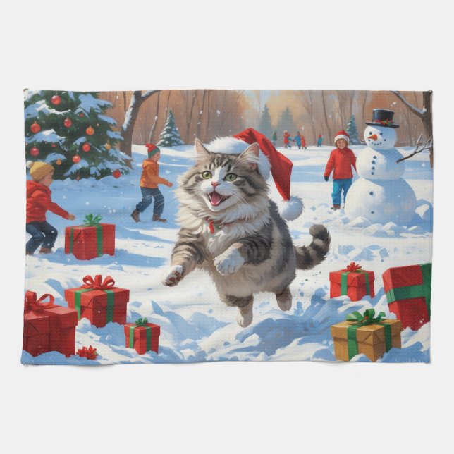 Linge De Cuisine Chat Sibérien Courant dans la Neige avec un Chapea (Horizontal)