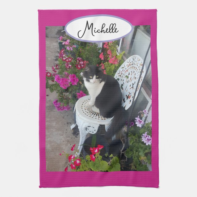 Linge De Cuisine Chat smoking marron foncé rose foncé chats et fleu (Vertical)