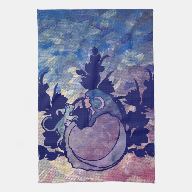 Linge De Cuisine Chat Sorcière Lune déesse Wiccan (Vertical)