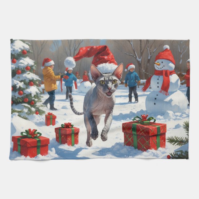 Linge De Cuisine Chat Sphynx courant dans la neige avec un chapeau  (Horizontal)