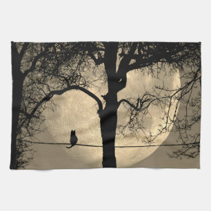 Linge De Cuisine Chat sur un fil pleine lune