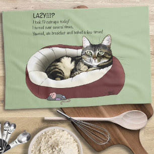 Linge De Cuisine Chat Tabby Paresseux Humoristique Vert Sauge Sage