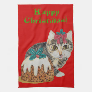 Linge De Cuisine chat tigré gris de chaton mignon léchant Noël d