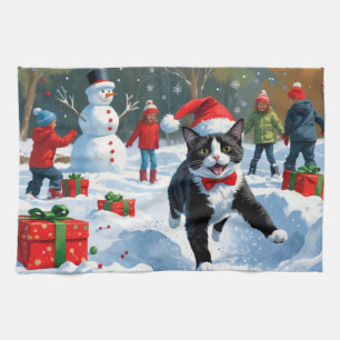 Linge De Cuisine Chat Tuxedo Courant dans la Neige avec un Chapeau