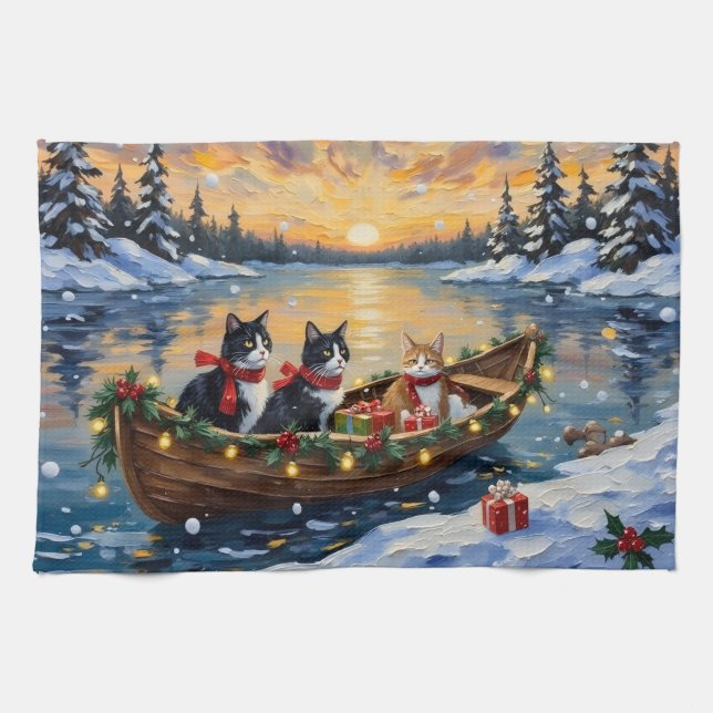Linge De Cuisine Chat Tuxedo Noël Bateau Fêtes (Horizontal)