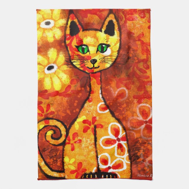 Linge De Cuisine Chat Whimsical Rétro Kitty Floral Orange Jaune Rou (Vertical)