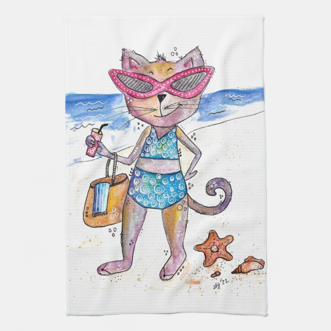 Linge De Cuisine Chat Whimsical sur la plage (Vertical)