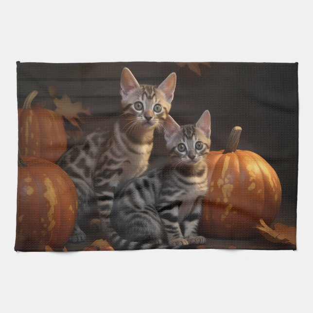 Linge De Cuisine Chaton Bengal Automne Délice Citrouille  (Horizontal)