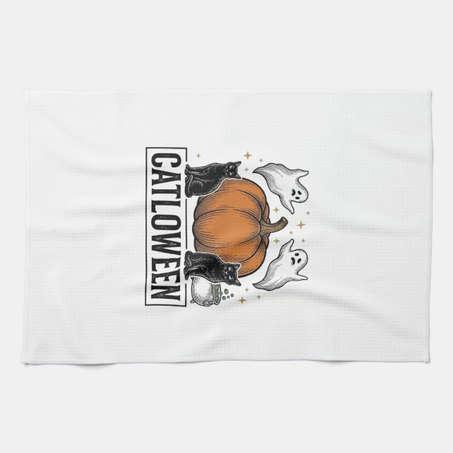 Linge De Cuisine Chatoween Chat Noir Fantôme Halloween Conception V (Horizontal)