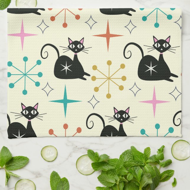 Linge De Cuisine Chats atomiques de style Mid Century Mod avec des  (Plié)