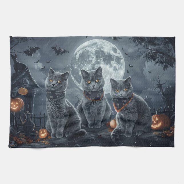 Linge De Cuisine Chats Bleus Russes Halloween Effrayant (Horizontal)