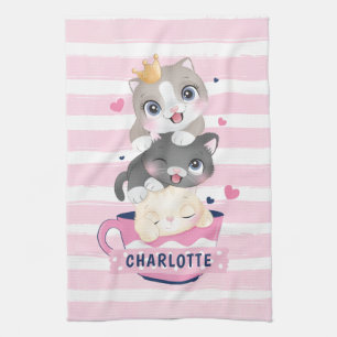 Linge De Cuisine Chats de dessin animé mignons empilés rayures rose