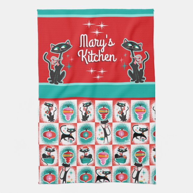 Linge De Cuisine Chats de Noël Retro - Personnalisable (Vertical)