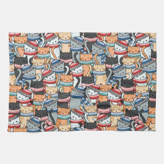 Linge De Cuisine Chats en Écharpes d'hiver et Motif Casquette (Horizontal)
