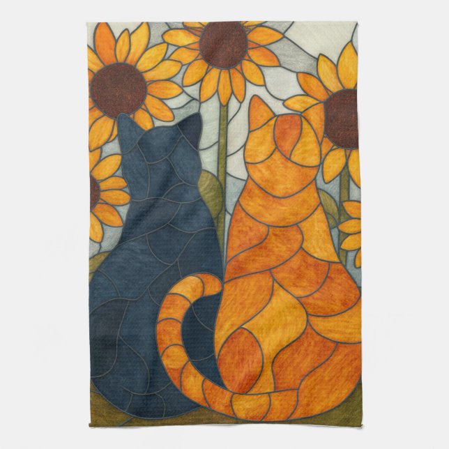 Linge De Cuisine Chats en vitrail et conception d'art de tournesols (Vertical)