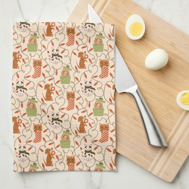 Linge De Cuisine Chats et chiens mignons Lumières de Noël (Quart Plié)