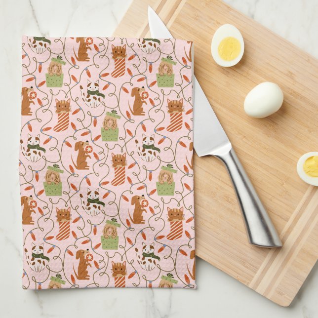 Linge De Cuisine Chats et chiens mignons Lumières de Noël rose (Quart Plié)
