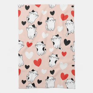 Linge De Cuisine Chats kawaii roses doux et coeurs Motif (1)