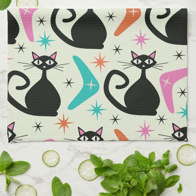 Linge De Cuisine Chats noirs atomiques de milieu de siècle avec boo (Plié)