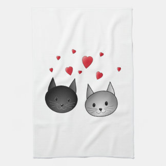 Linge De Cuisine Chats noirs et gris mignons, avec des coeurs