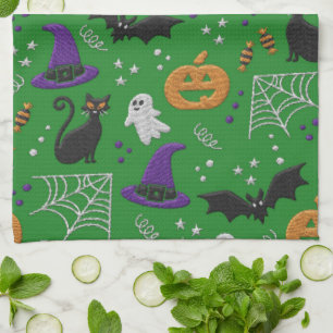 Linge De Cuisine Chats noirs Fantômes chauves-souris Motif vert Hal